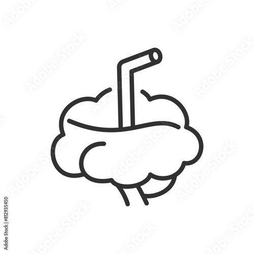 Brain Charge, linear icon. Suck Ideas. Brain with a drinking tube. Line with editable stroke