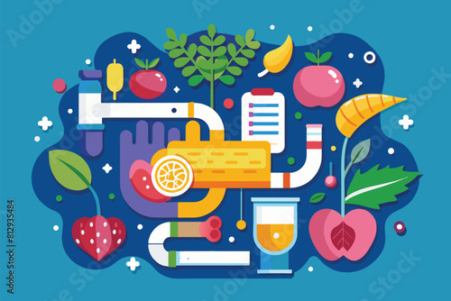 A variety of different objects on a blue background, including items related to gut health, Gut health Customizable Flat Illustration