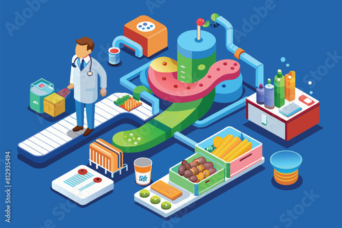 A man in a lab coat standing in front of a computer screen  analyzing data and conducting research  Gut health Customizable Isometric Illustration