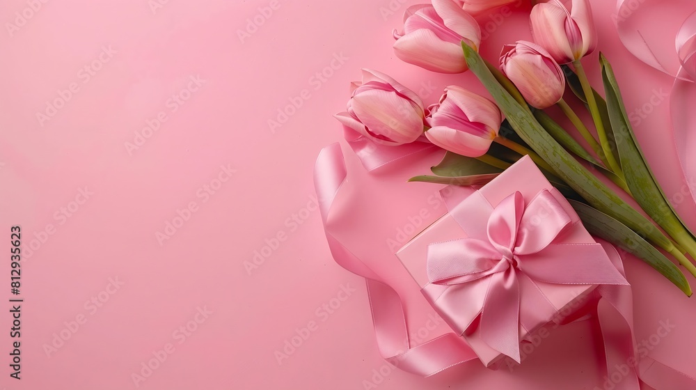 Obraz premium Mothers Day concept Top view photo of stylish pink giftbox with ribbon bow and bouquet of tulips on isolated pastel pink background with copyspace : Generative AI