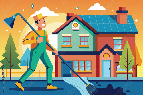 A man is using a broom to sweep the area in front of a house, Gutter cleaning Customizable Disproportionate Illustration