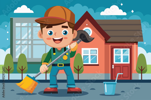 A young boy is seen cleaning gutters with a broom and a bucket, Gutter cleaning Customizable Cartoon Illustration