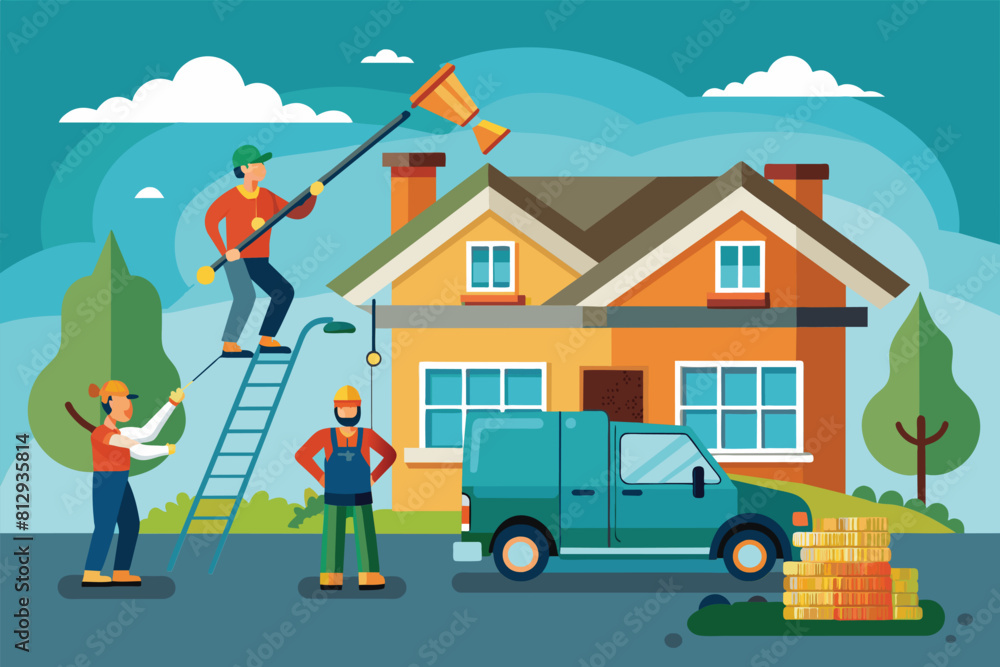 A man standing on a ladder is busy painting the roof of a house, Gutter cleaning Customizable Semi Flat Illustration A man standing on a ladder is busy painting the roof of a house, Gutter cleaning Customizable Semi Flat Illustration