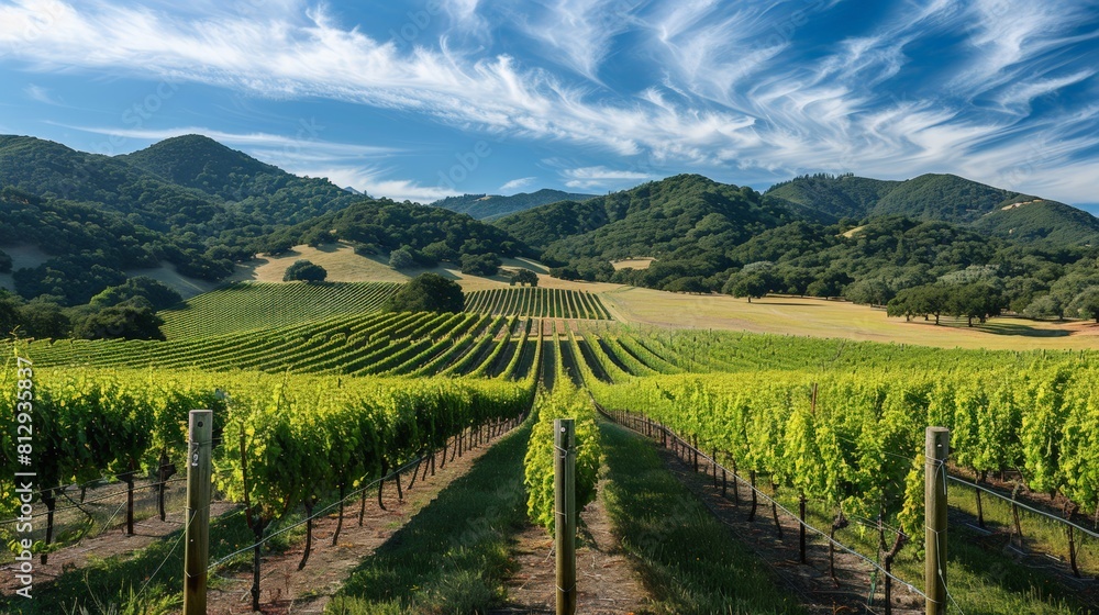 Fototapeta premium A picturesque vineyard with orderly rows of grapevines stretching across rolling hills