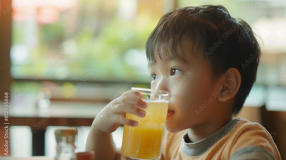 Side view of thoughtful cute boy drinking mango juice from glass and looking away seriously while sitting at table in cafe during summer vacation : Generative AI Side view of thoughtful cute boy drinking mango juice from glass and looking away seriously while sitting at table in cafe during summer vacation : Generative AI