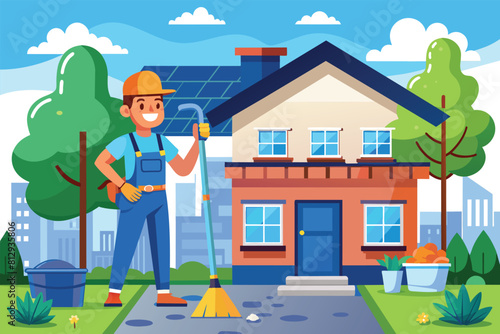 A man in overalls and a hat is standing in front of a building, holding a broom, and cleaning gutters, Gutter cleaning Customizable Flat Illustration