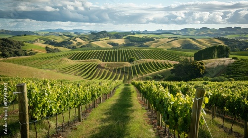 A picturesque vineyard with orderly rows of grapevines stretching across rolling hills