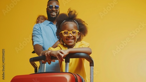 Family Trip Concept Portrait of cheerful African American girl having fun and spreading hands ready for vacation standing on luggage cart Parents walking with baggage trolley riding da : Generative AI
