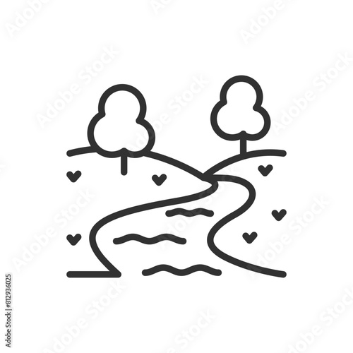 Natural Environment, linear icon. River and trees. Line with editable stroke