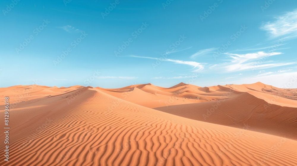 Stunning desert scene with sand dunes stretching to the horizon under a clear blue sky, shot on Sony A7 mark 4