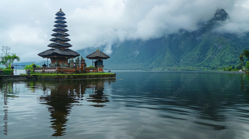 The Balinese Pura Ulun Danu Beratan Temple a water temple that seems to float on the lake dedicated to Dewi Danu the goddess of lakes and rivers symbo