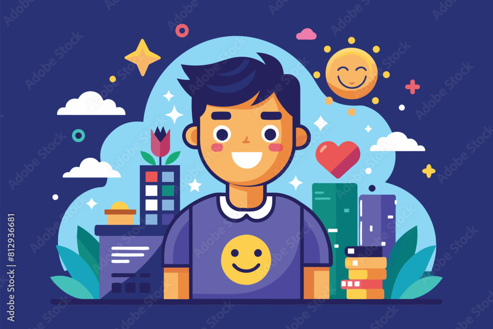 A man with a smile on his face, expressing happiness and joy, Happiness Customizable Semi Flat Illustration A man with a smile on his face, expressing happiness and joy, Happiness Customizable Semi Flat Illustration