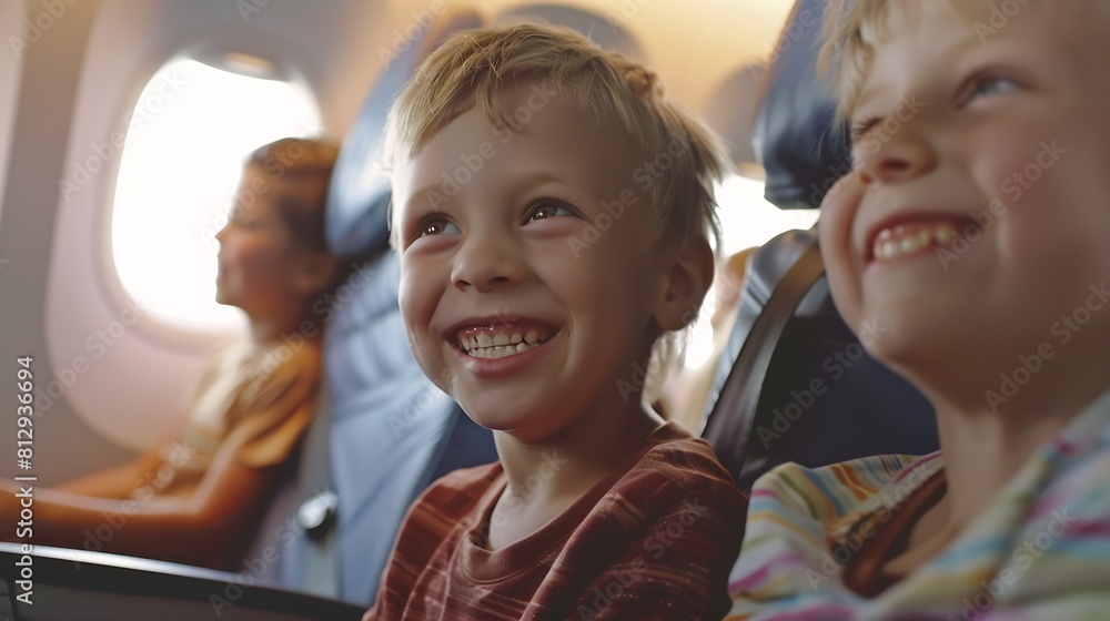 Happy family wth two kids traveling by airplane : Generative AI Happy family wth two kids traveling by airplane : Generative AI