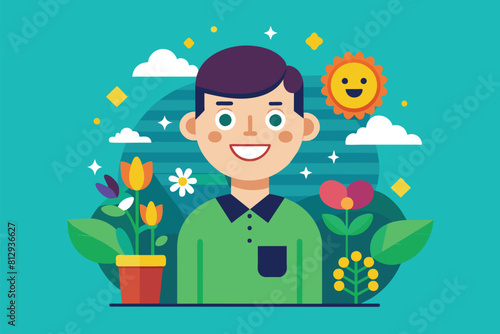 A man standing in front of a potted plant, looking at its leaves, Happiness Customizable Flat Illustration