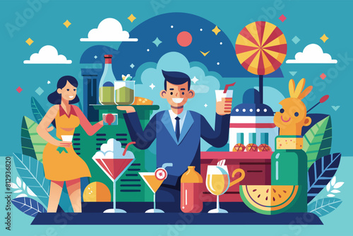 A man and a woman standing in front of a bar, looking towards the entrance, Happy hour Customizable Disproportionate Illustration
