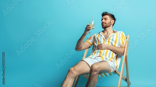 Full size photo positive guy enjoy rest relax exotic resort sun bathing hold glass cocktail sit deckchair wear white yellow striped shirt shorts barefoot isolated blue color background : Generative AI photo