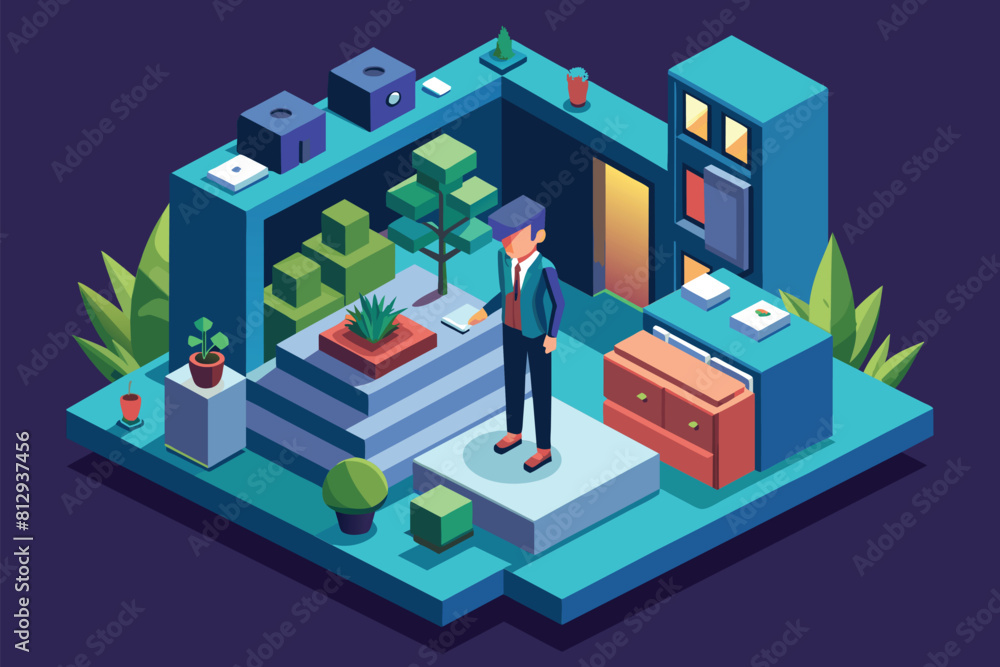 A man standing in front of a house, looking towards the camera, Hidden person Customizable Isometric Illustration A man standing in front of a house, looking towards the camera, Hidden person Customizable Isometric Illustration