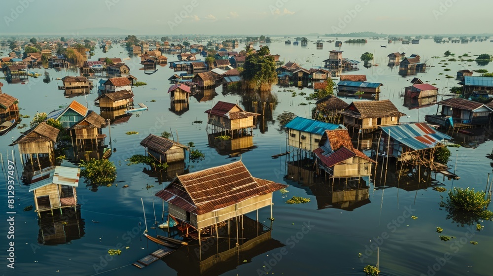 Kompong Khleang a floating village on the Tonle Sap Lake in Cambodia showcasing traditional stilt houses and a community that adapts to the seasonal w