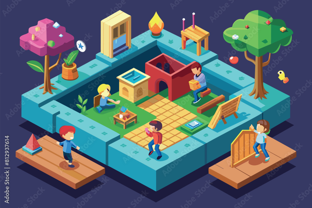 Illustration of individuals engaged in a hide and seek game involving a house, depicted in a customizable isometric style, Hide and seek game Customizable Isometric Illustration Illustration of individuals engaged in a hide and seek game involving a house, depicted in a customizable isometric style, Hide and seek game Customizable Isometric Illustration