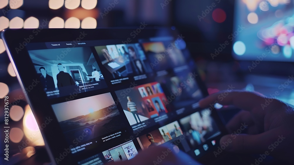 Fototapeta premium Tablet on dark background with online video app on screen : Generative AI