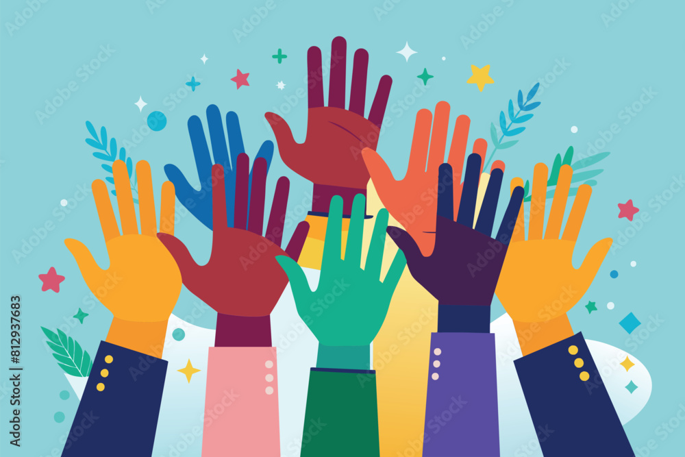 Multiple hands reaching up in the air, symbolizing unity and collaboration, High five hands Customizable Disproportionate Illustration Multiple hands reaching up in the air, symbolizing unity and collaboration, High five hands Customizable Disproportionate Illustration