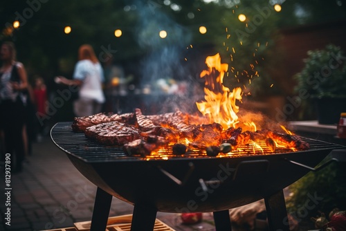 Backyard barbeque grill with fire, summer bbg party, blurred background