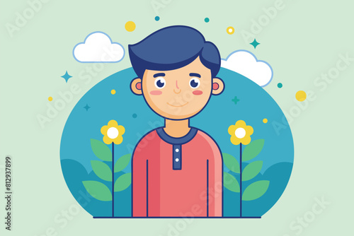 A man stands in front of a blue background with vibrant yellow flowers, High self-esteem Customizable Flat Illustration