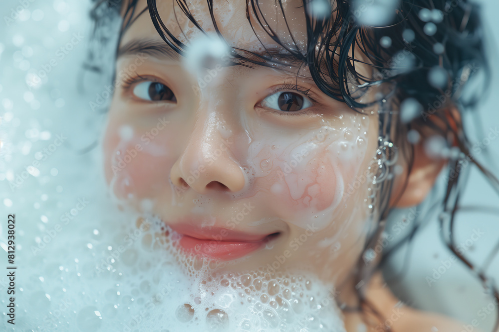 Asian woman taking a bath in the tub. Asian woman taking a bath in the tub.
