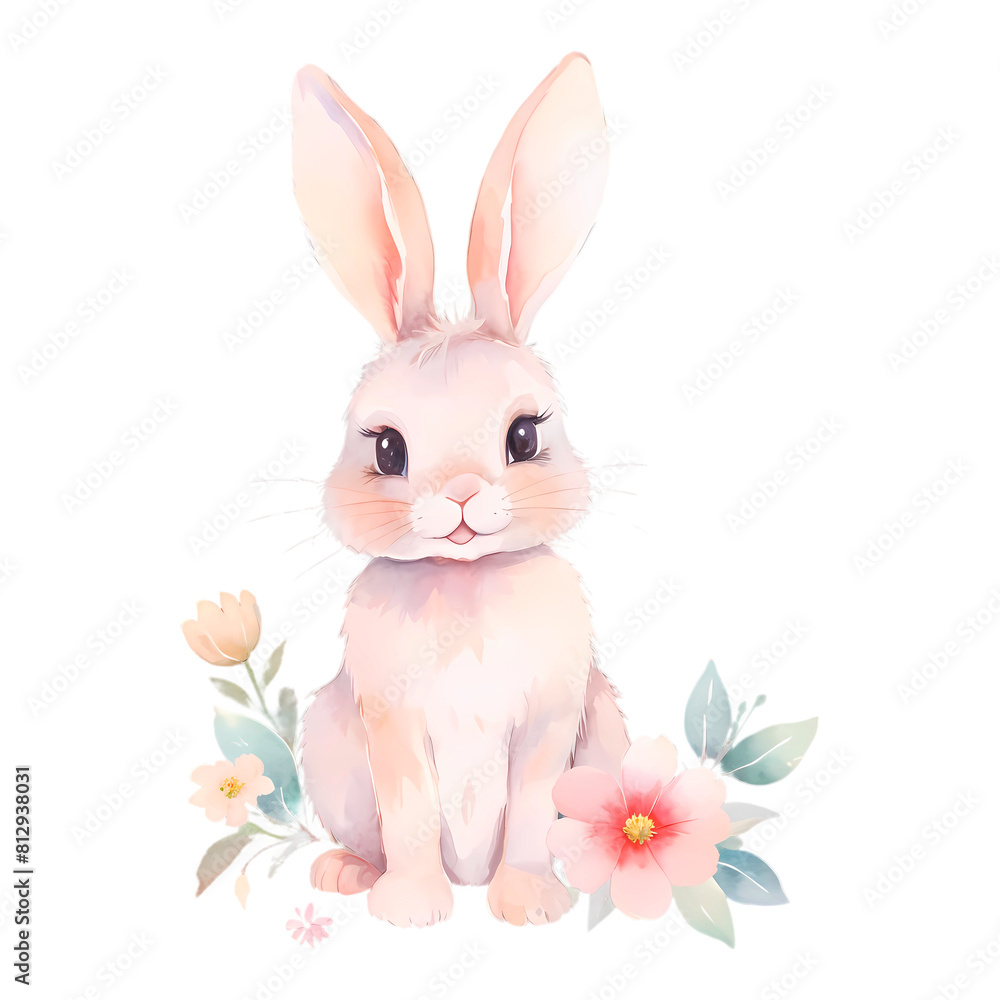 Obraz premium Rabbit Flowers Watercolor Sublimation. Bunny illustration for print t-shirts, Baby Shower, cards, poster, birthday invitation, mugs