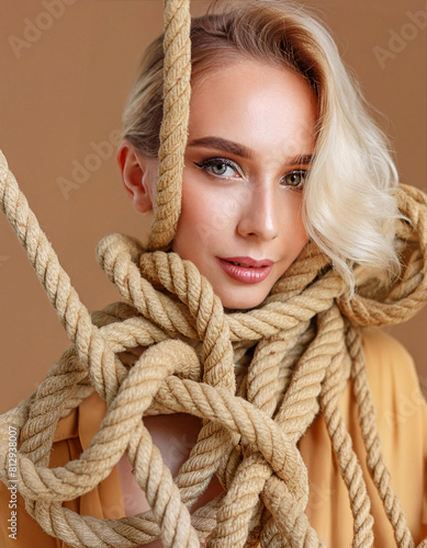 Blonde Woman's Expressive Reaction to Ropes Wrapped Around Her Neck