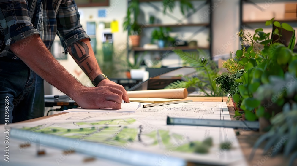 Renowned Civil Engineer and Landscape Architect Reviewing Biophilic Design Principles on Drafting Table in Sustainable Focused Studio Generative ai