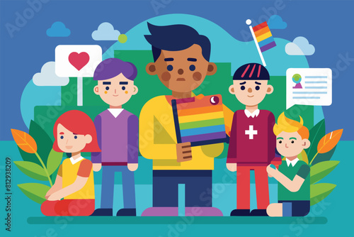 A diverse group of individuals standing next to each other in a unified display, Homophobic bullying Customizable Flat Illustration