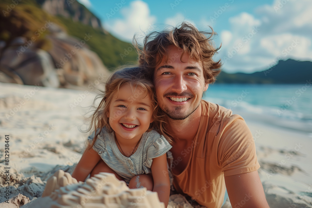 Caucasian father and daughter playing in the sand on the beach. Caucasian father and daughter playing in the sand on the beach.