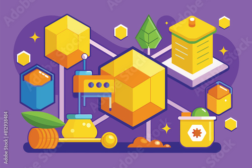 Collection of various objects of different sizes and shapes displayed on a vibrant purple background, Honey Customizable Disproportionate Illustration