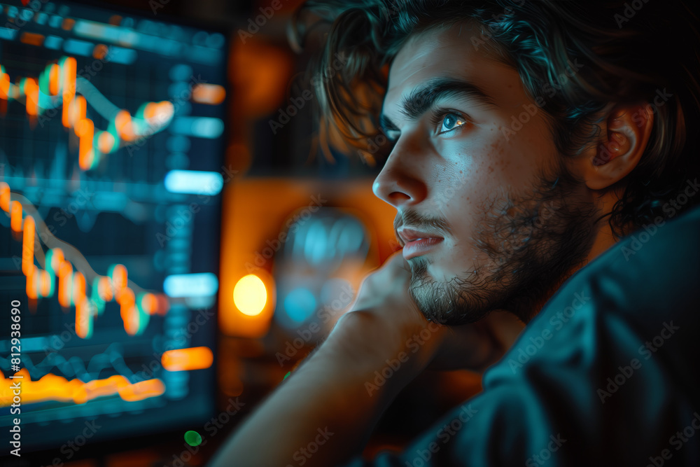 Caucasian male businessman looking at financial data on computer screen. Caucasian male businessman looking at financial data on computer screen.