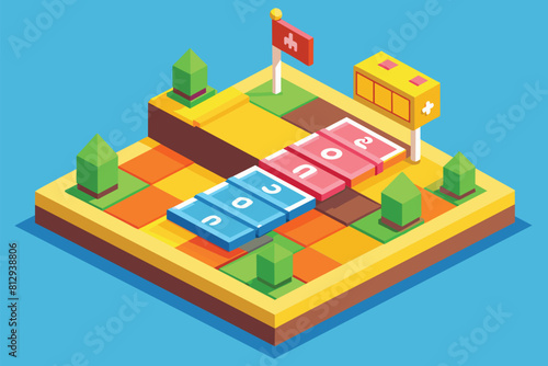 Isometric illustration of a map featuring a bus stop in a flat design style, Hopscotch Customizable Isometric Illustration