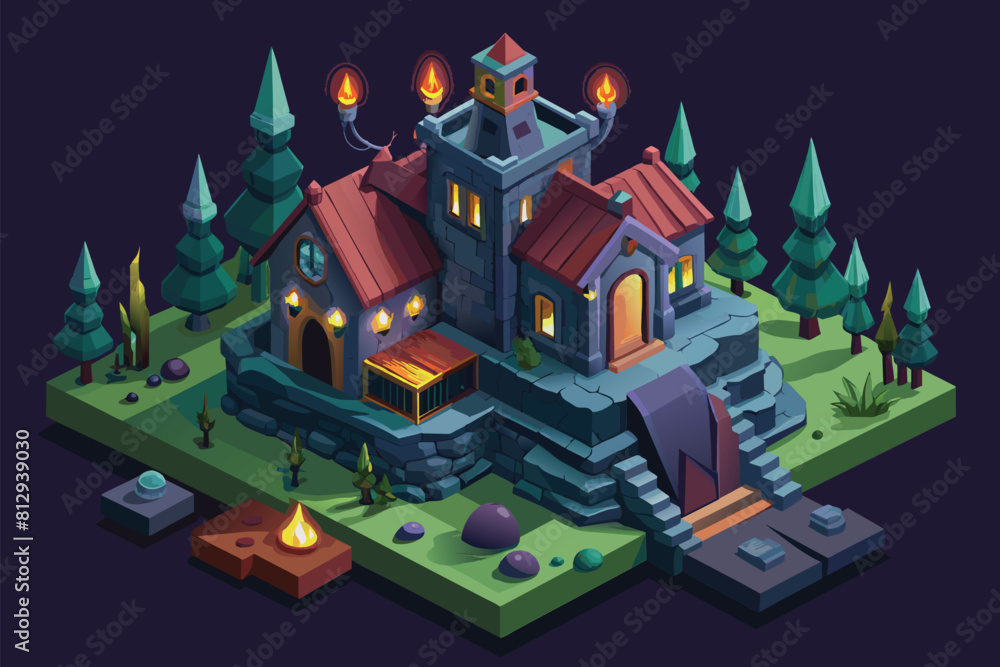 A house surrounded by thick trees in a forest setting, Horror castle Customizable Isometric Illustration A house surrounded by thick trees in a forest setting, Horror castle Customizable Isometric Illustration