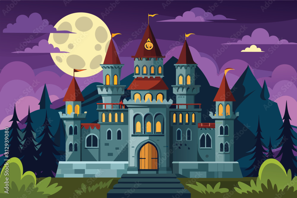 A customizable semi-flat illustration of a horror castle silhouette with a full moon in the background, Horror castle Customizable Semi Flat Illustration