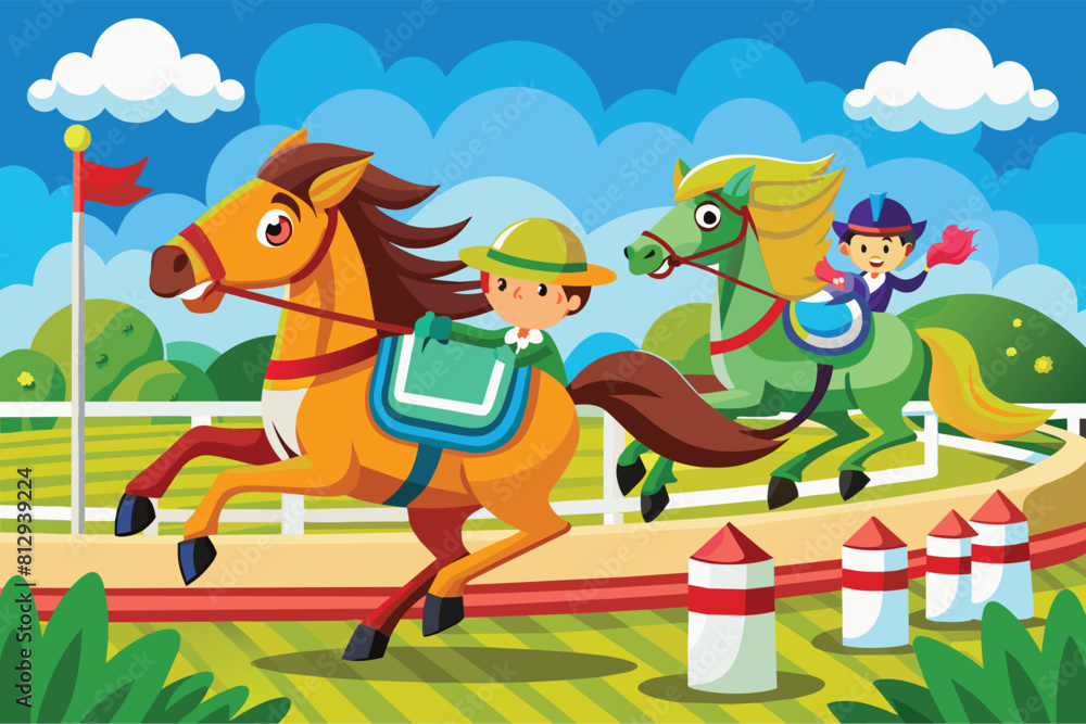Children joyfully ride on horses in this customizable cartoon illustration of a horse race, Horse race Customizable Cartoon Illustration Children joyfully ride on horses in this customizable cartoon illustration of a horse race, Horse race Customizable Cartoon Illustration