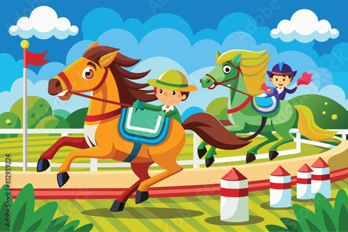 Children joyfully ride on horses in this customizable cartoon illustration of a horse race, Horse race Customizable Cartoon Illustration