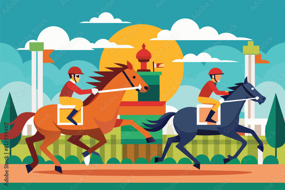 Fototapeta premium Two men riding on the backs of two horses in a horse race, Horse race Customizable Flat Illustration