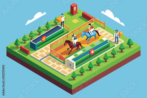 A horse and rider are racing around a horse track, showcasing speed and agility in this competitive sport, Horse race Customizable Isometric Illustration