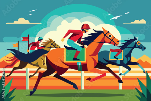 A pair of horses energetically racing side by side on a track, kicking up dirt as they gallop towards the finish line, Horse race Customizable Semi Flat Illustration © Iftikhar alam
