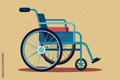 A customizable hospital wheelchair in blue with a red seat, featuring a unique design aesthetic, Hospital wheelchair Customizable Disproportionate Illustration
