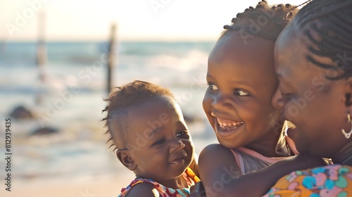 African sisters twins playing on the beach with smiling mother  Main focus on right kid face : Generative AI photo