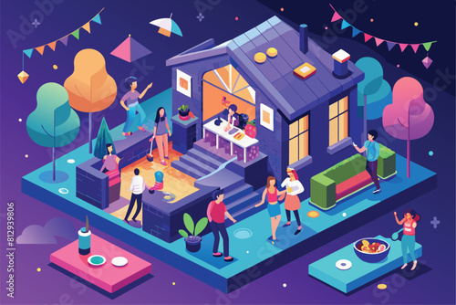 A diverse group of individuals standing together in front of a residential house, House party Customizable Isometric Illustration