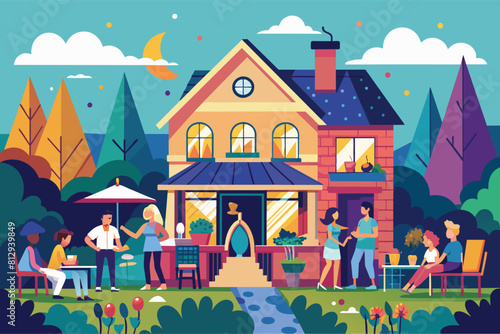 Several individuals are gathered outdoors, seated in front of a house, engaged in conversation or activities, House party Customizable Semi Flat Illustration