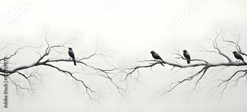 Create an elegant composition with the silhouette of birds perched on intricately detailed tree branches  capturing a serene moment in nature.