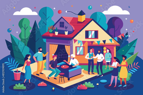 A group of individuals standing together outside a house, House party Customizable Semi Flat Illustration
