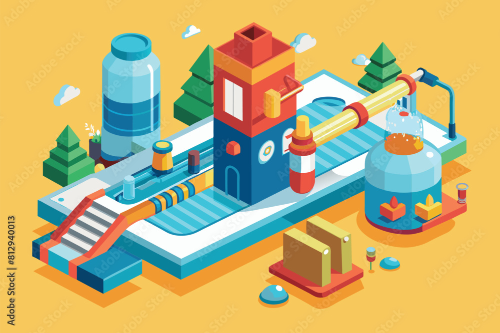 Illustration of a building with various pipes for customizable hydration, Hydratation Customizable Isometric Illustration Illustration of a building with various pipes for customizable hydration, Hydratation Customizable Isometric Illustration